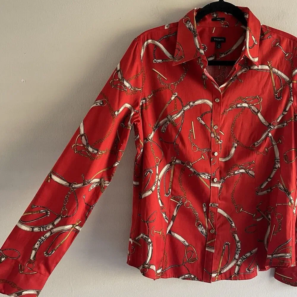 Talbots Top Plus Size 14 Womens Shirt Chains Versace Style Red Gold Print Button - Picture 3 of 10